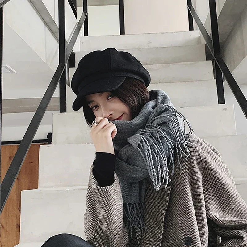 Solid Color Woolen Fashion Beret Autumn Winter Outdoor Cotton Hat Windproof Octagonal Hat Unisex Painter Hats Caps