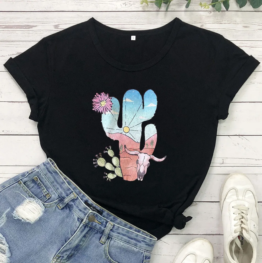 

Bull Head Cactus Print Women T Shirt Short Sleeve O Neck Loose Women Tshirt Ladies Tee Shirt Tops Camisetas Mujer