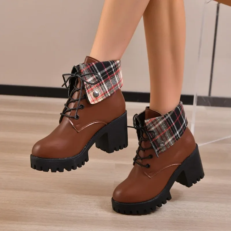 

2023 модная женская обувь, женские ботинки на шнуровке, зимняя однотонная обувь с круглым носком, женские ботинки без каблука средней высоты, обувь телесного цвета