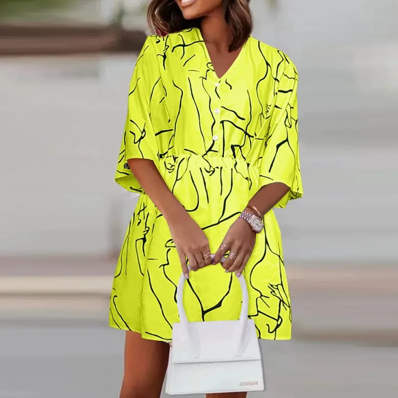 

Summer New Dress Women Button V-neck Printing Mini Dress Loose Casual Fashion Dresses 2023