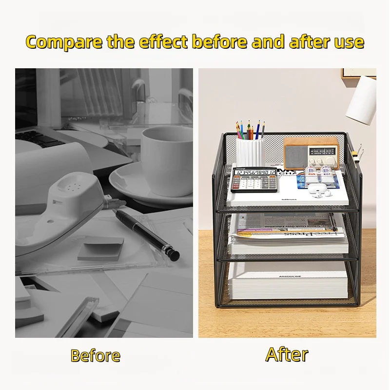 Office File Organizer Capacity Metal Mesh Desk Organizer with Three Layer Design Multifunctional File Holder Paper Storage Rack 3