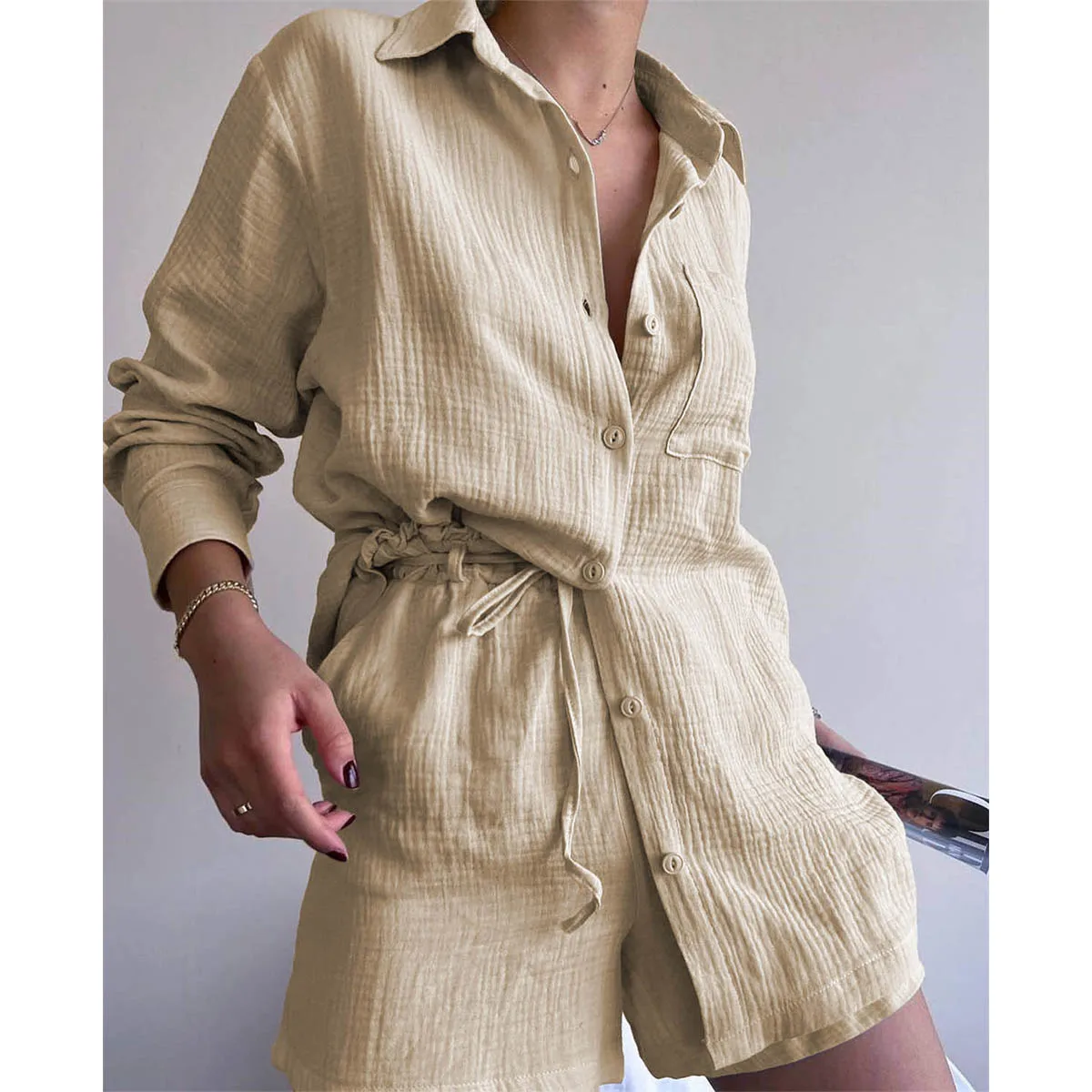 Solid 2 Pieces Set Cotton Outfits Summer Clothes Women Long Sleeve Turn Down Collar Pockets Button Shirts Tops Female Clothing