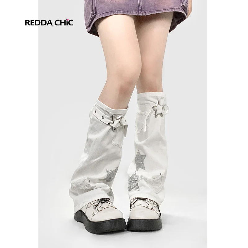 Y2K Hot Girl Japanese Style White Denim Leg Warmer Stars Women's Mopping Pile Style Stitching Boot Cover Socks Tube Socks