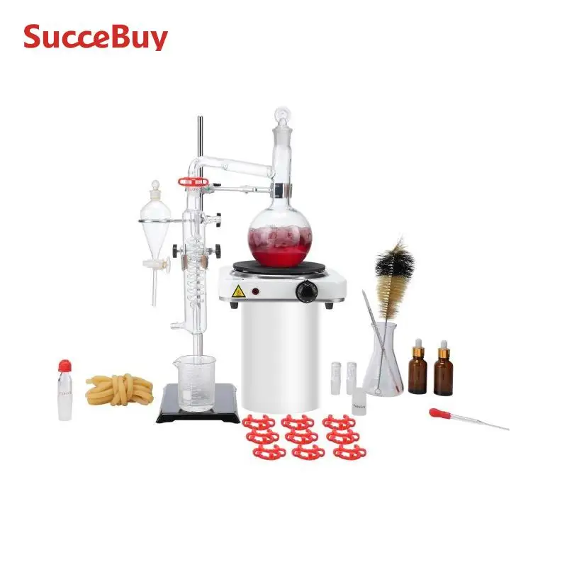 SucceBuy Essential Oil Distillation Kit 500ml/2L Distillation Apparatus 3.3 Boro Lab Glassware with 1KW Heat Plate
