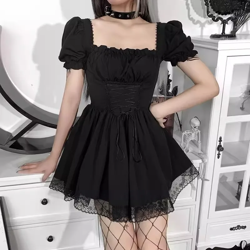 

REDDACHiC Puff Short Sleeves Square Neck Mini Dress Women Goth Lace Trim Lace-up Ruffle Lolita Princess Retro One-piece Dress