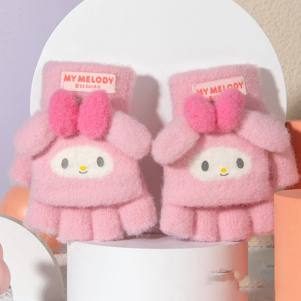 Anime Sanrios Kids Plush Gloves Cartoon Kuromi Melody Cinnamoroll Kawaii Winter Thickened Mittens Girls Five Finger Gloves Gift