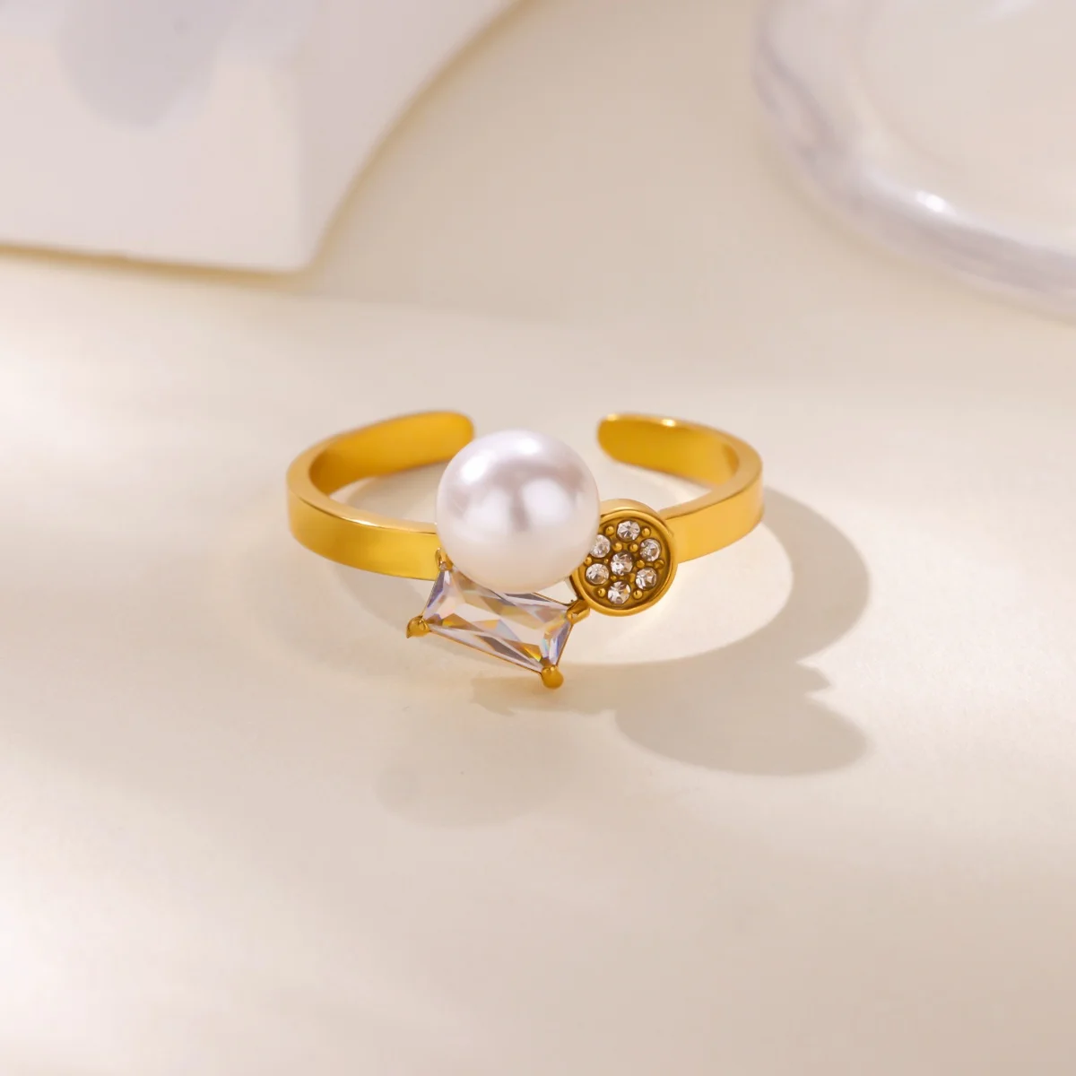 Zircon Imitation Pearls Rings Gold Stainless Steel