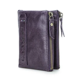 Women's Genuine Leather Bifold Wallet with Zipper Pocket - Compact Credit Card Case and Purse (Deep Purple)