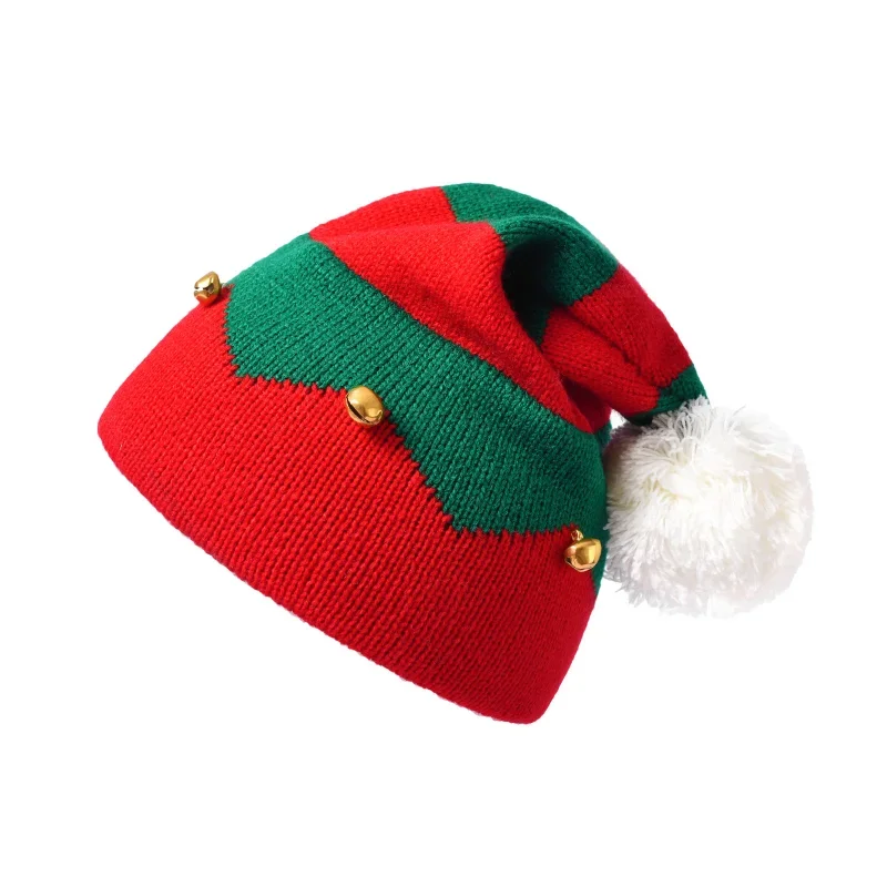 

Toddler Kids Christmas Knitted Elf Hat with Small Bells Contrast Color Wavy Stripes Crochet Pompom Christmas Warm Knitted Hat
