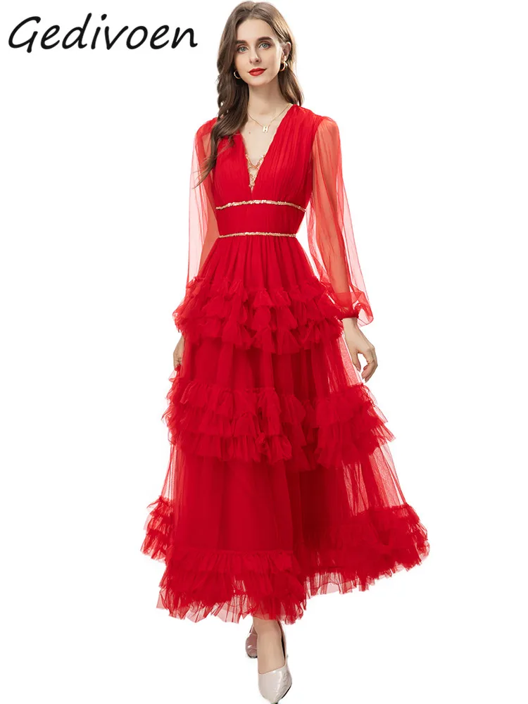 

Осеннее модное дизайнерское красное винтажное Сетчатое платье Gedivoen, женское пикантное облегающее длинное платье с V-образным вырезом и открытой спиной, оборками и высокой талией