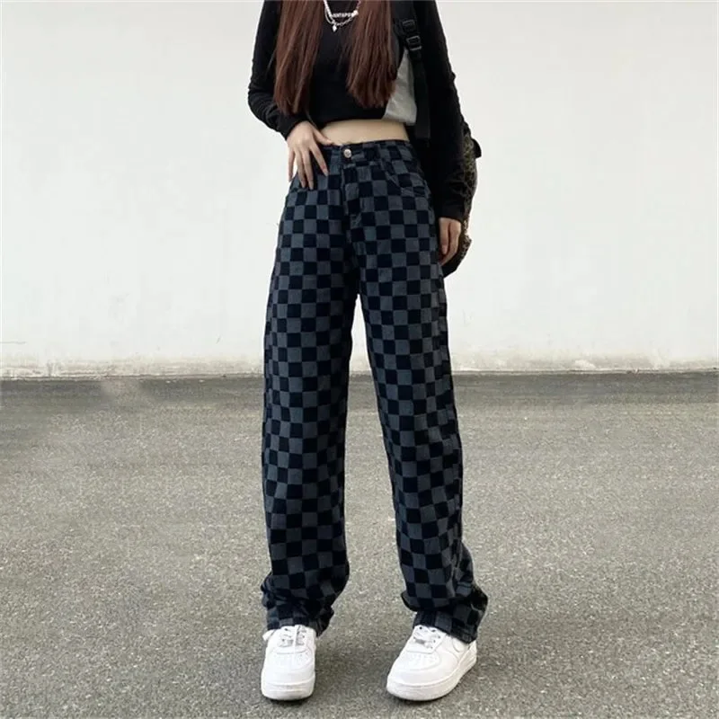 

Women Korea Style Color Square Lattice Jeans Y2k High Waist Wide-leg Fashion Pants Spring And Summer Commuting Women's Trousers