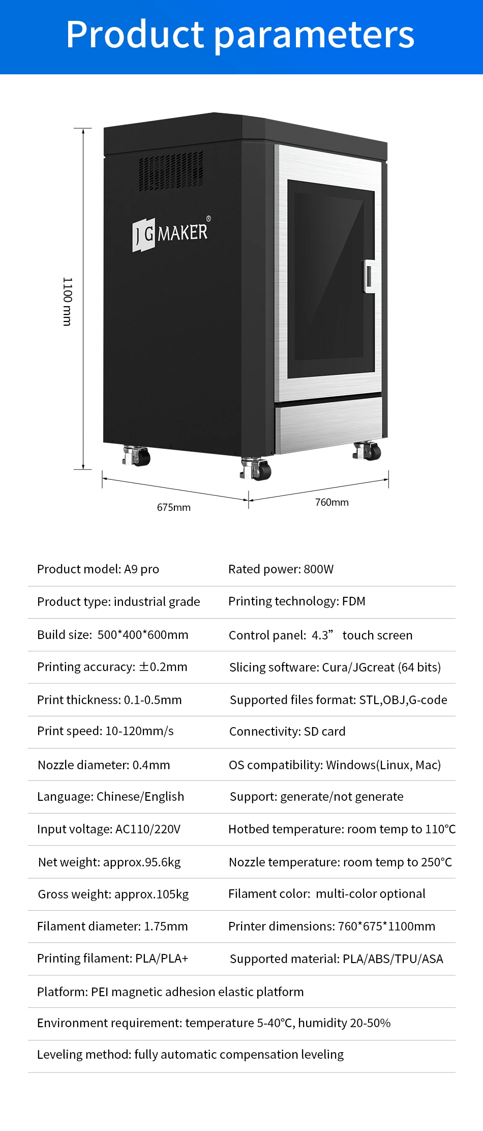 S36555336c22343aa90952d2ea413ad53T JG MAKER A9 Pro Przemysłowa drukarka 3D Duża objętość wydruku 500x400x600mm Automatyczne poziomowanie łóżka Marka Zasilacz Kolej