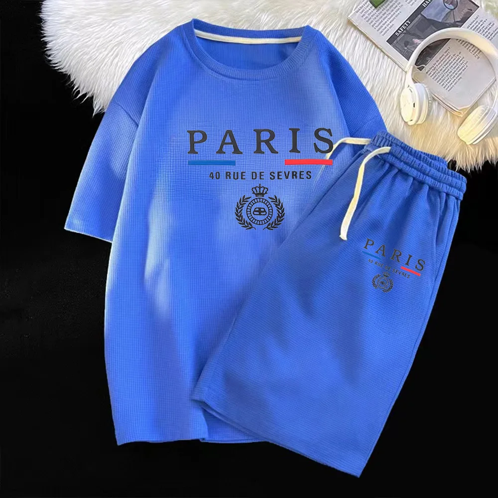 thumbnail image 1 of Conjunto de dos piezas de marca de verano con diseño de gofres para hombre, camisetas, pantalones cortos, traje deportivo para correr, conjunto de 2 piezas, chándal informal, ropa de calle, conjunto d, 1 of 4