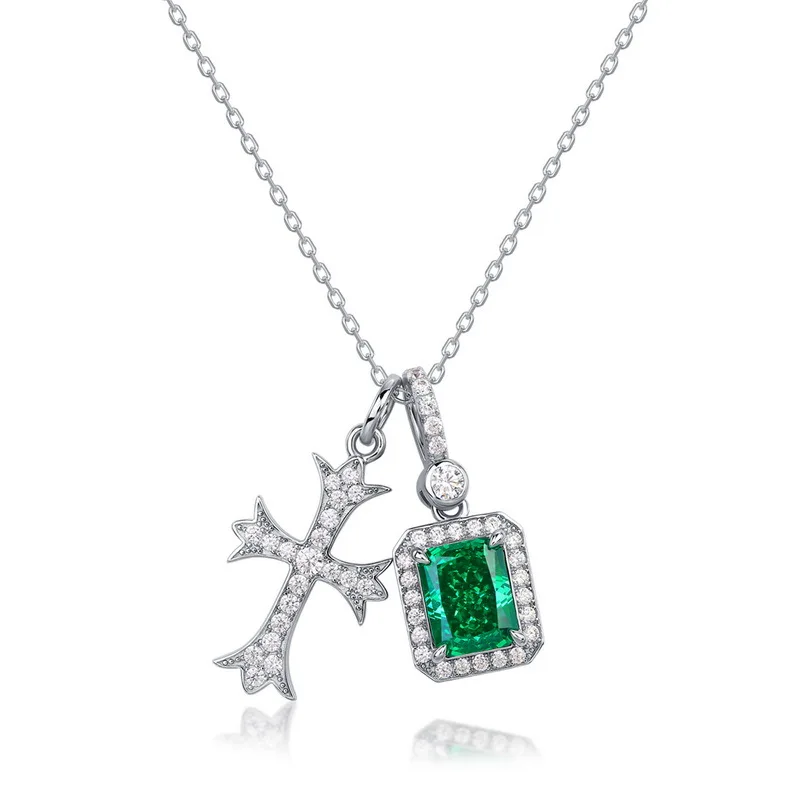 Necklace for Women's Platinum Plated Claw Set with Emerald Crystal Zircon Rectangular Cross Pendant Popular Fashion Jewelry