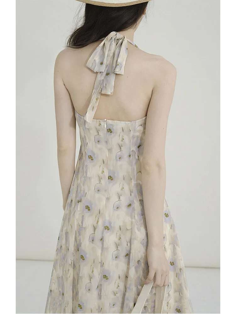 

Elegant Long Flower Strap Dress Women Vintage Sweet Print Korean Slip Fairy Dress Casual Calssy Party Princess Dress Summer 2023