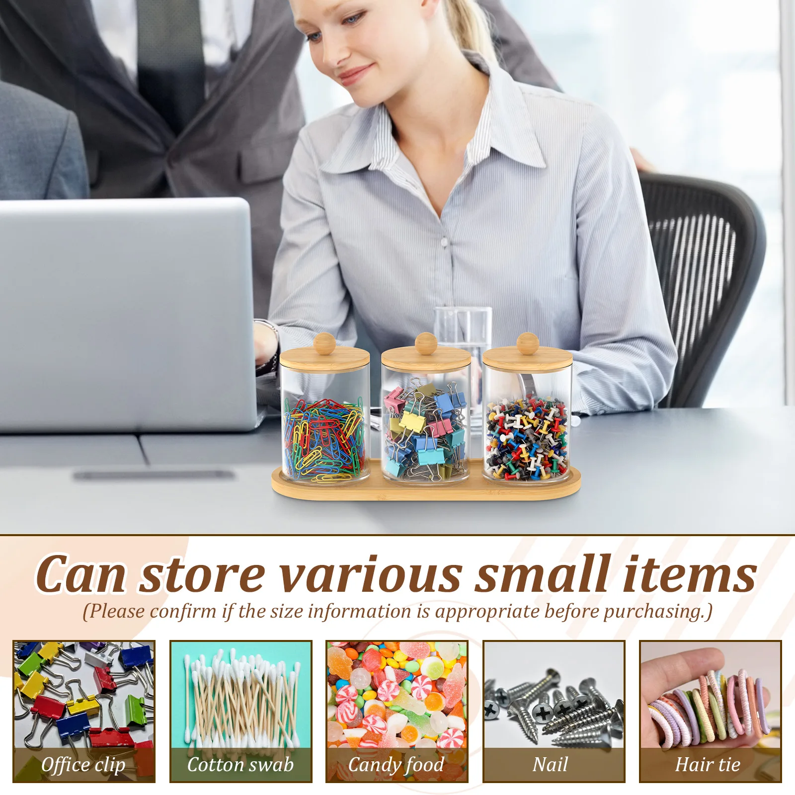 2/3Pcs Cotton Swab Holder Plastic Clear Cotton Ball Holder with Wooden Lid and Tray Paper Clip Dispenser Desktop Storage Jar