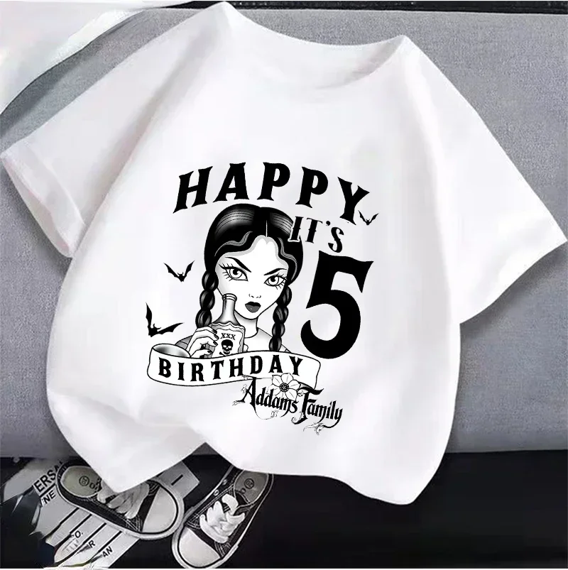 2025 New  Wednesday Addams Children Clothing Anime Summer Girls Birthday Number T-shirt Cartoon Clothes Kids Top Gift New 5