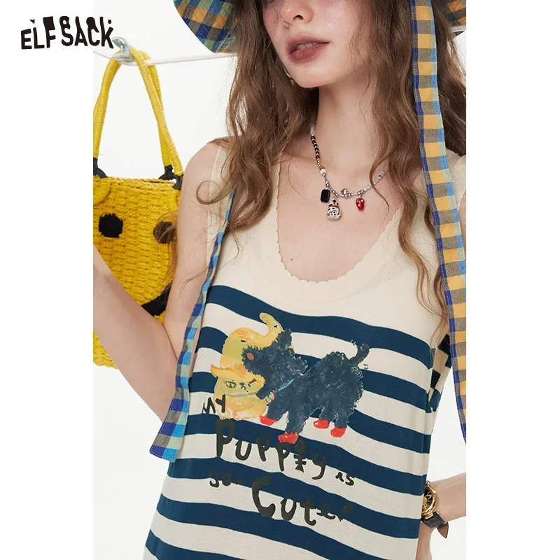 ELFSACK 여름 오리지널 고양이 프린트 여성용 캐주얼 민소매 드레스
