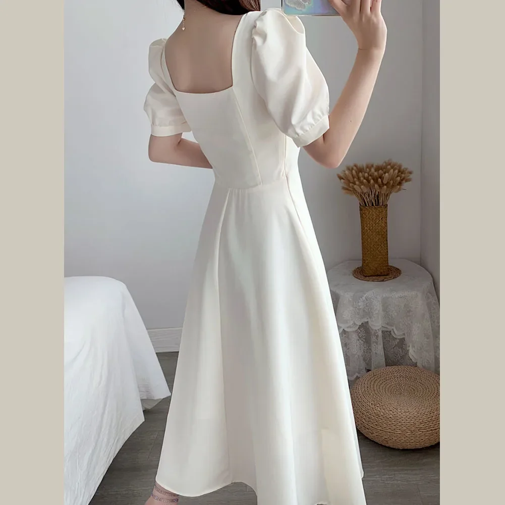 

Elegant Princess Long Dress Women Puff Sleeve Square Collar High Waist Evening Party A-line Solid Lace-up Vestidos Robe Mujers
