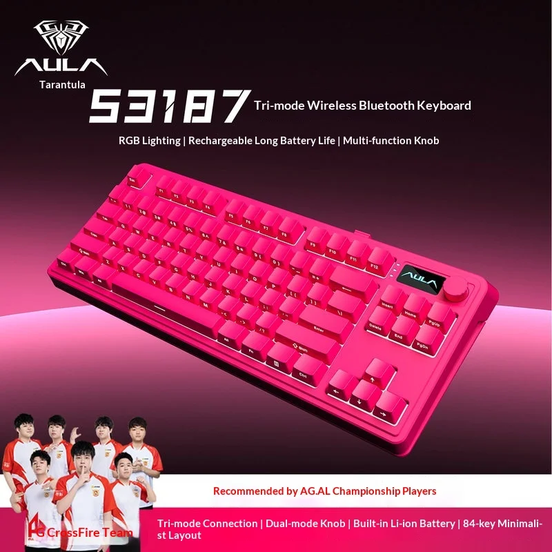 Aula S3187 무선 트라이 모드 키보드 F87 키 기계식 느낌 24g 블루투스 유선 데스크탑 노트북 게임용 오피스 핑크