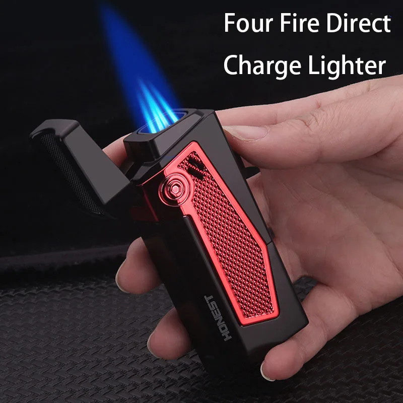 

New 4-Fire Direct Charge Metal Butane Gas Lighter Windproof Turbine Inflatable Cigarette Lighter Outdoor Camping Gift for Men