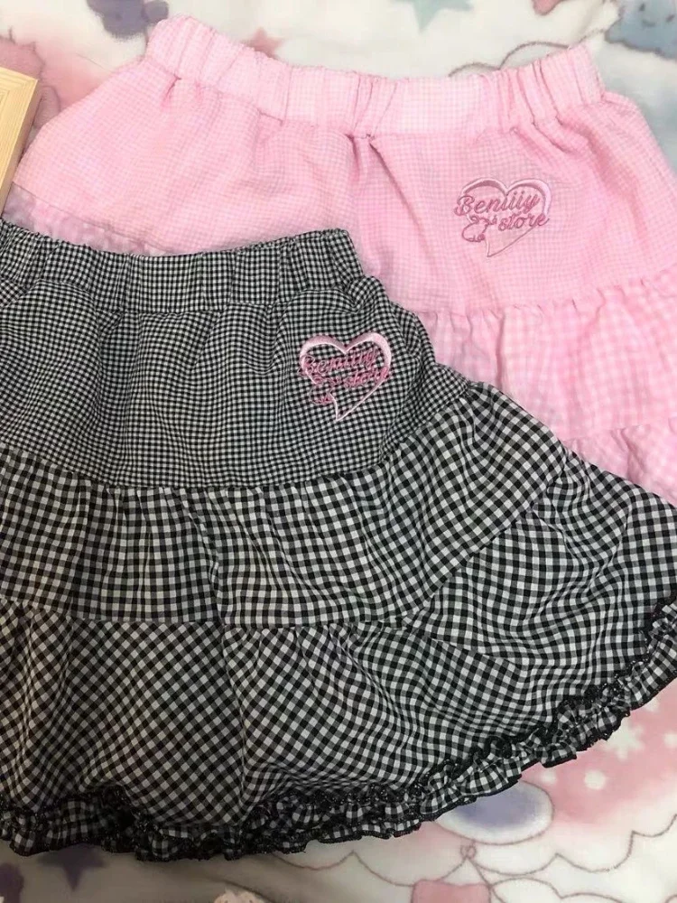 

Pink Lolita Kawaii Cake Skirt Women Plaid Japanese Party Hight Waist Skirt Female Preppy Style Ruched Elegant A-line Skirts 2023