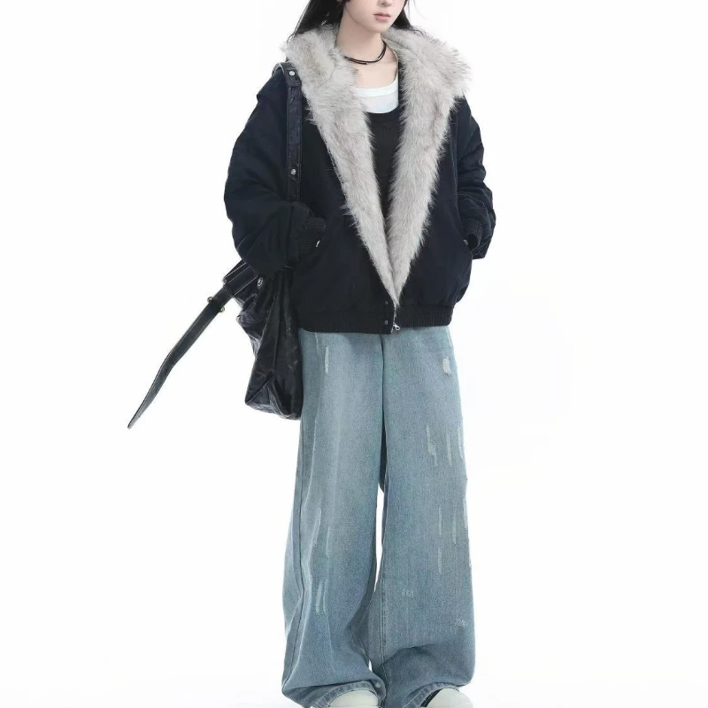 American Harajuku Warm Jacket Mens and Womens Retro Simple Plush Jacket with New Loose Leather Motorcycle Punk Fur Collar Jacket