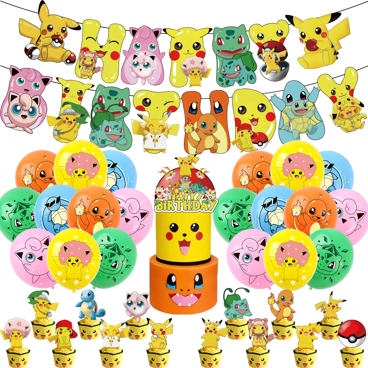 

Pokemon Pikachu Birthday Party Decoration Cartoon Squirtle Bulbasaur Kids Birthday Banner Cake Topper Balloon Party Supplies Toy