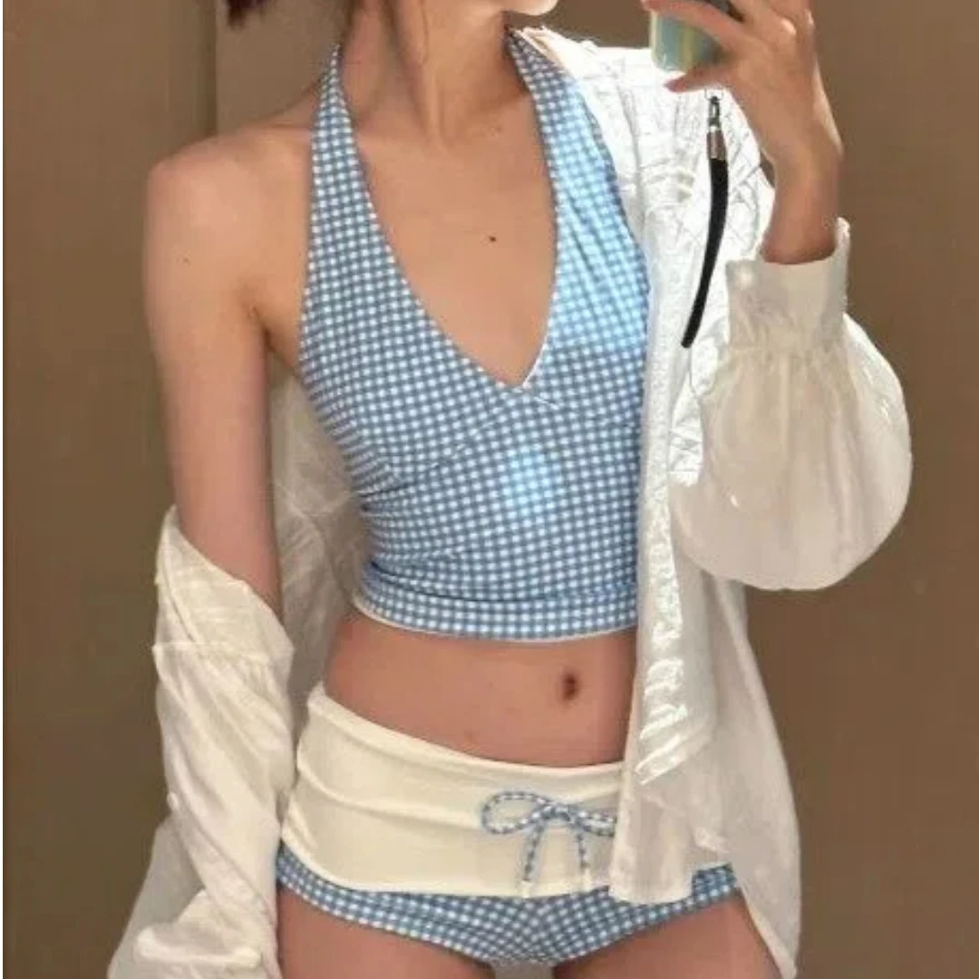 2026 Women's Retro V-Neck Gingham Bikini Set Halter Tie-Front Two Piece Slimming Swimsuit Holiday Beach Swimwears Outwear Ropa