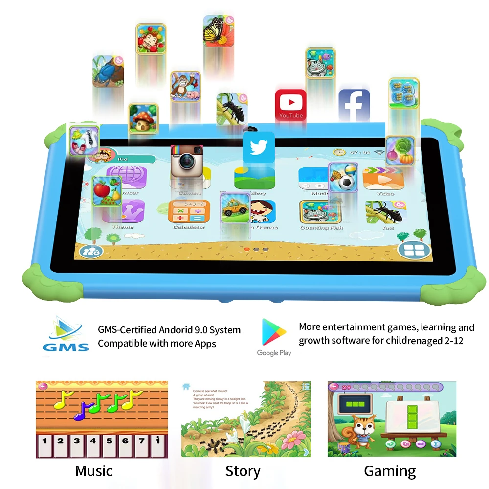 New 7.0-inch Kids Tablet Android 4GB RAM, 64GB ROM, 1TB expansion support for Google Bluetooth children's software, Android 9 6
