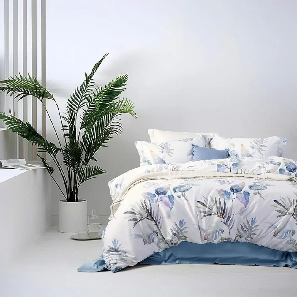 

Duvet Covers Queen Size Tropical 100% Cotton Blue Leaf Comforter Cover Sets Reversible Ultra Soft Breathable Design Bedding Set