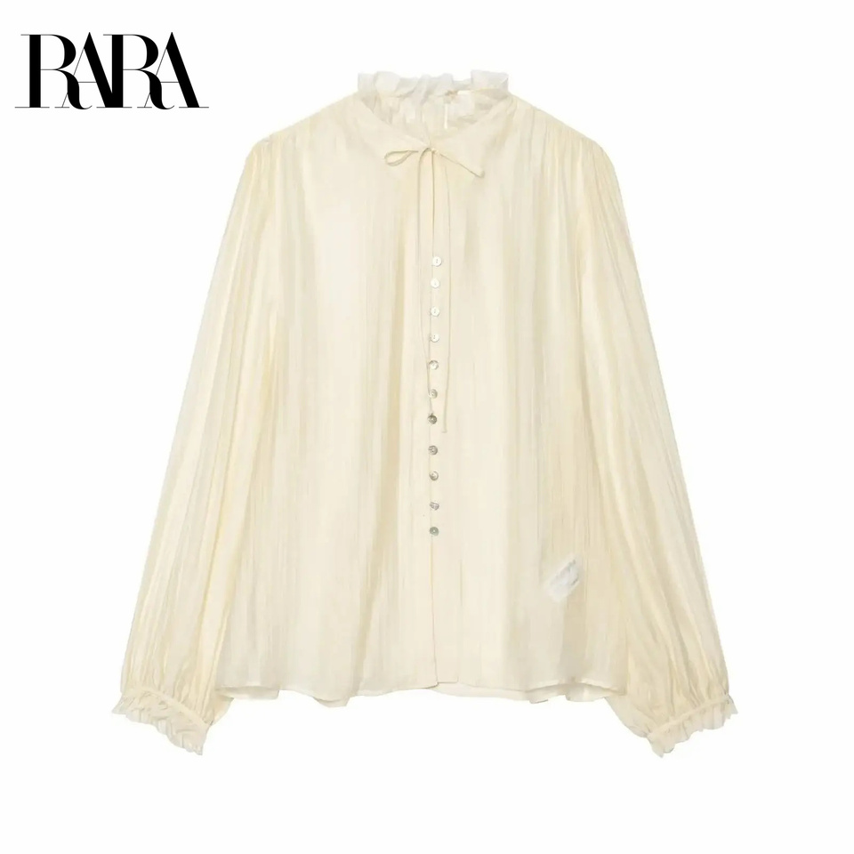 RARA2025 Summer New Women's Casual Style Fashion Versatile Bow Drape Translucent Lace Long-sleeved Shirt