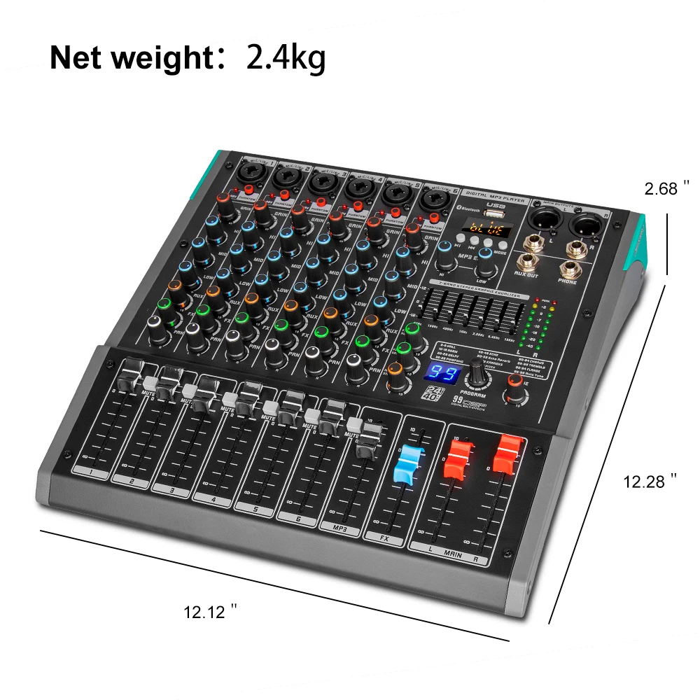 PA6 6 Channel Sound Mixer Audio Mixing Console 48V Professional USB PC Play Record Podcast Live Broadcast