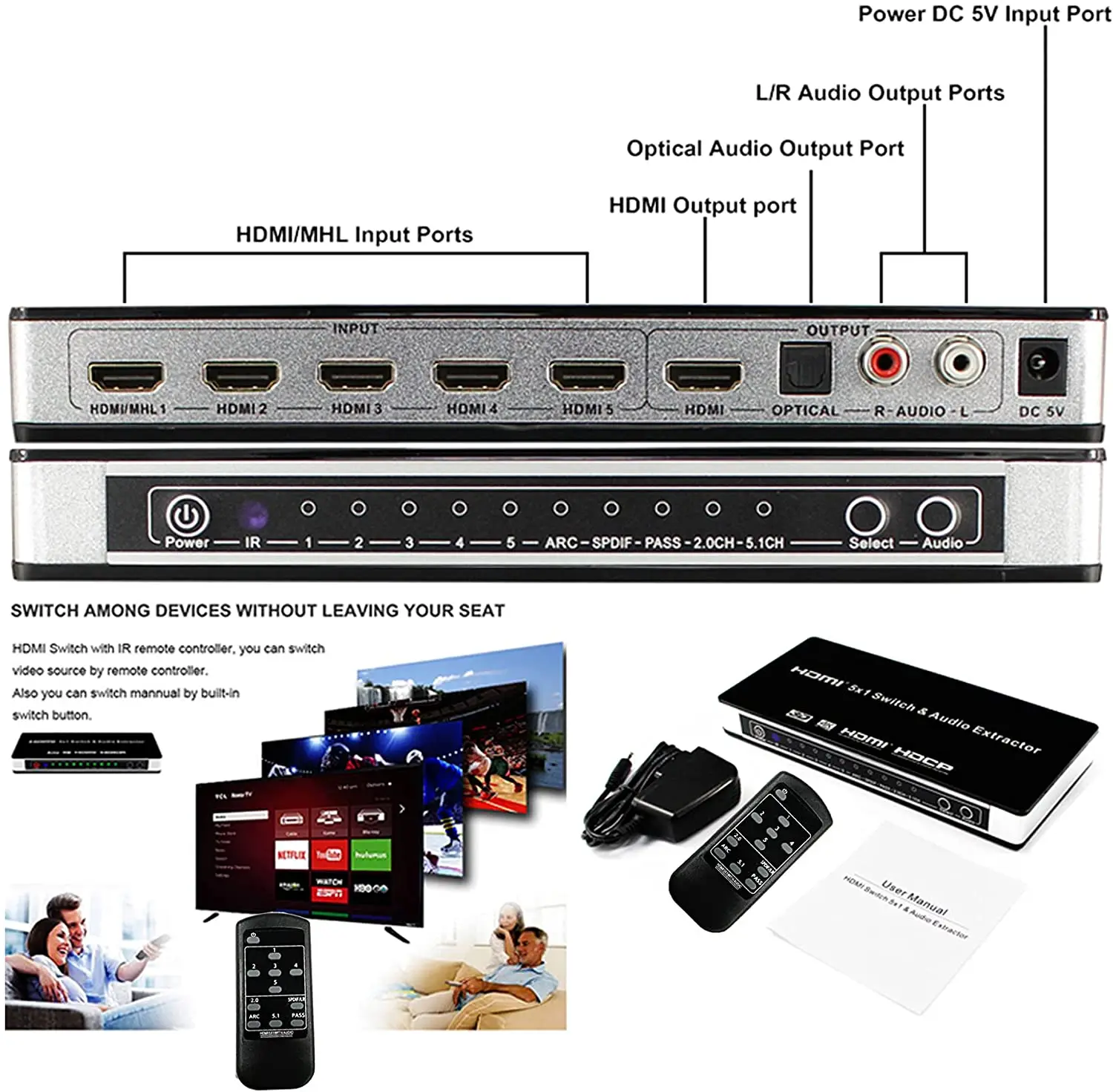 Extrator de Áudio Switcher com Caixa Seletor de Áudio Extrator de Áudio com Controle Hdmi Switcher Portas 4k Interruptor Arco com Controle Remoto ir 5x1 5 - Image 5