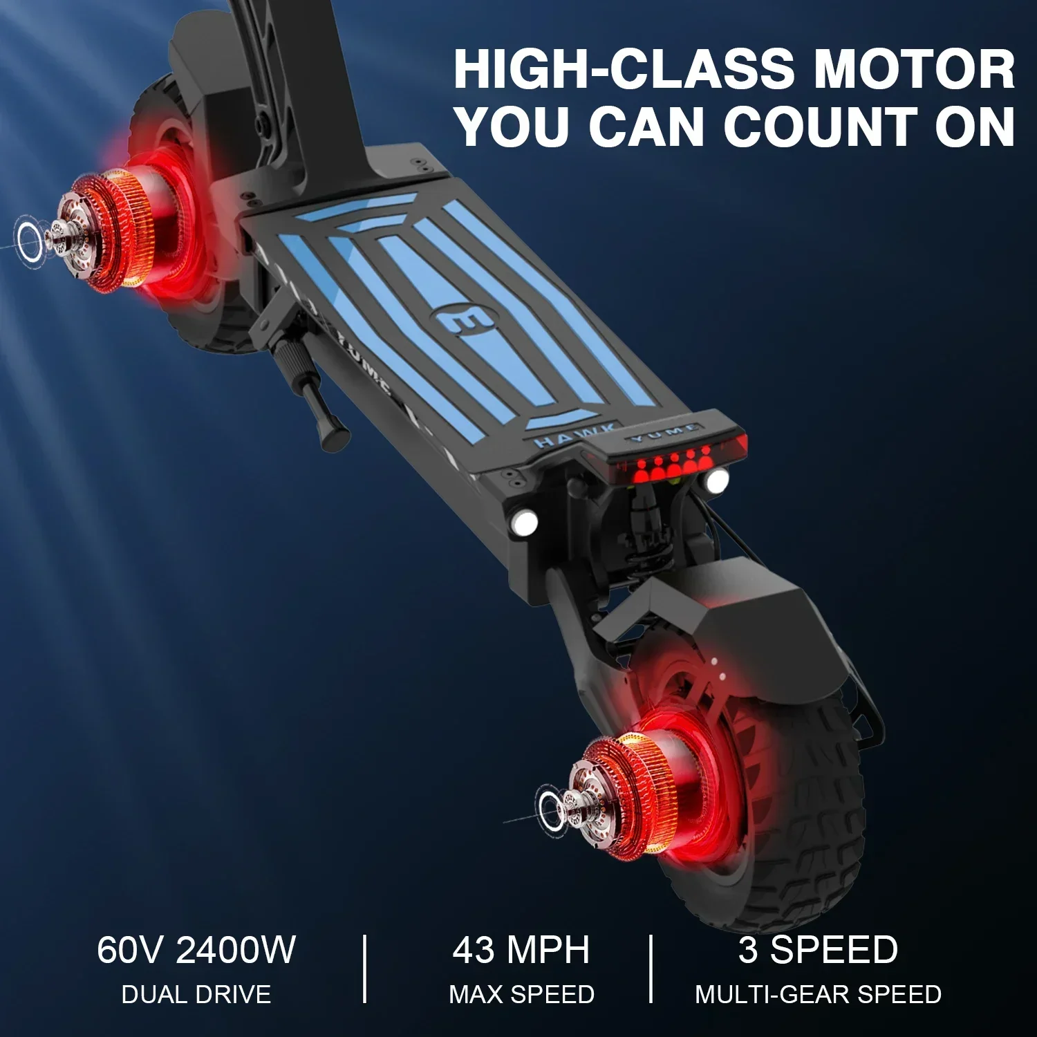 Hawk2400W Dual Motor Electric Scooter Max Speed 70KM/H Max Range 70km NFC Card Unlock Thumb Throttle 60V-22.5AH