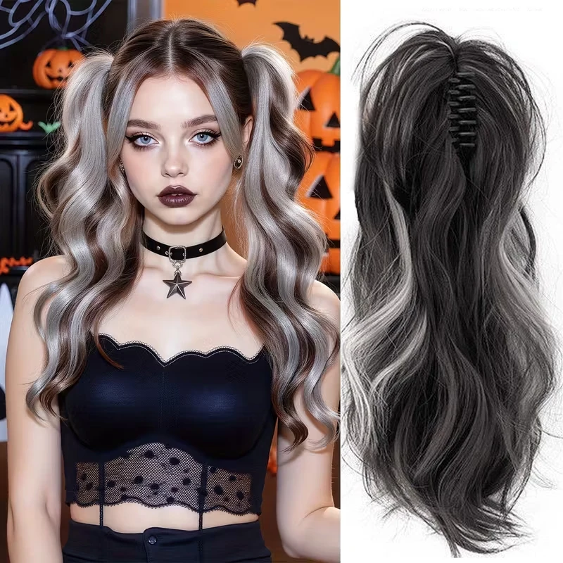 LUPU Clip Style Curly Ponytail wig - Heat-Resistant Synthetic Hair With Pink/Black Highlights, Suitable for Daily Wear