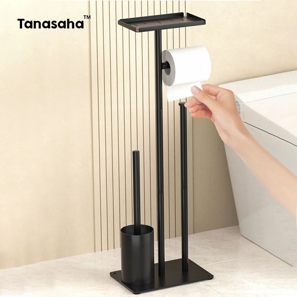 Floor Standing Toilet Paper Holder 201 Stainless Steel Roll Paper Stand with Top Shelf Storage Toilet Brush Bathroom Shelves