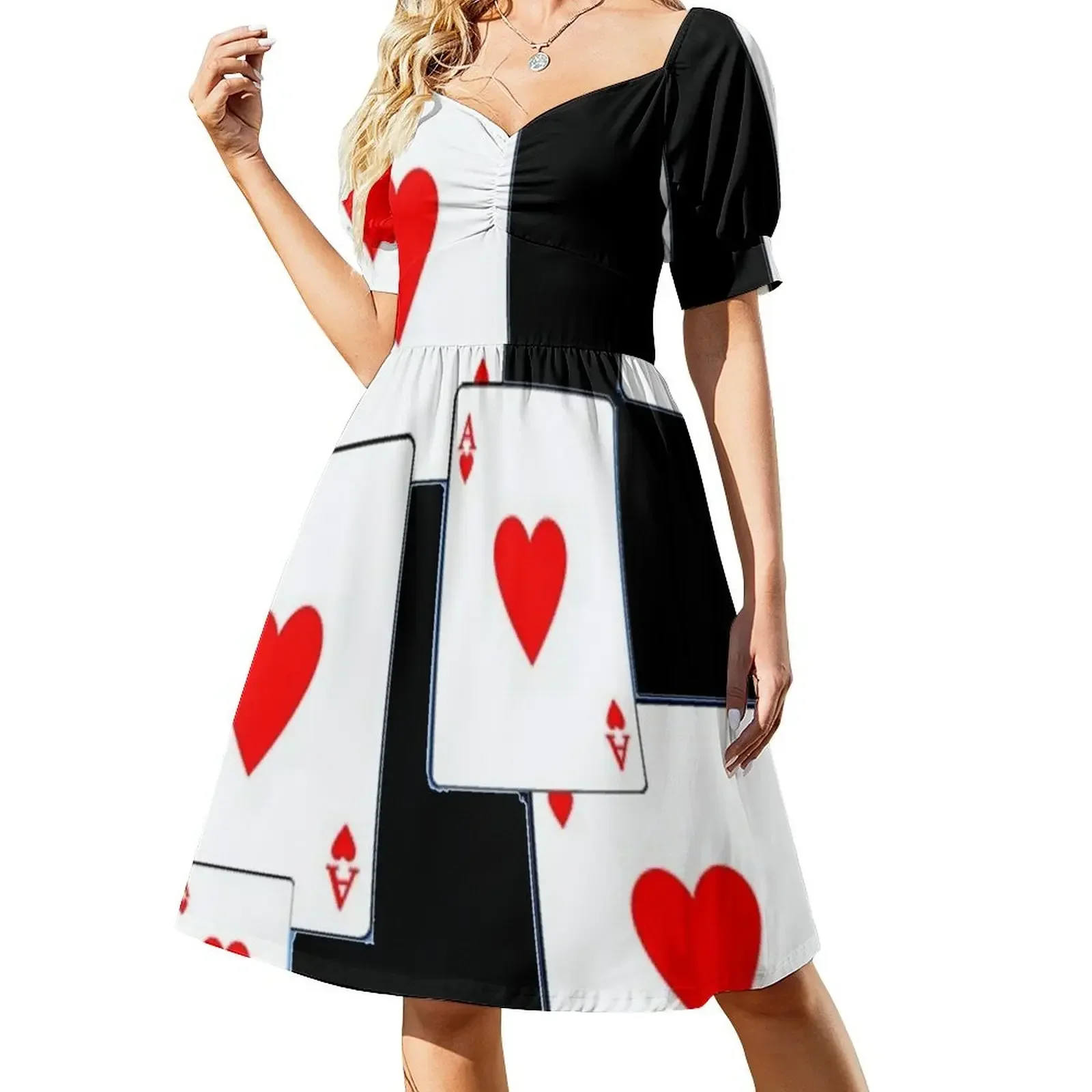 Vestido de noche de manga corta con ases y corazones rojos sobre fondo negro, vestido de verano para mujer.