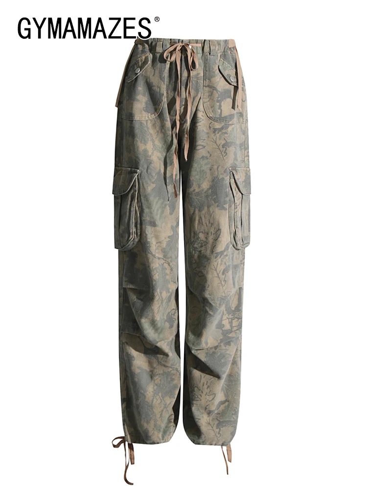 

GYMAMAZES Colorblock Spliced Drawstring Pants For Women High Waist Patchwork Pockets Vintage Camouflage Pant Female Fashion 2023