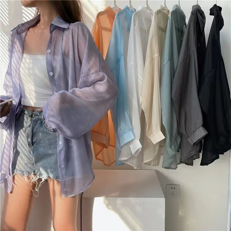 

Women Long Sleeved Coat Lady Sunscreen Shirt Femal Casual Loose Shirts Thin Transparent Blouses 2023 Summer Blue Clothing