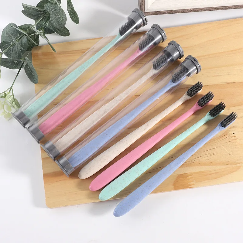 

2pcs/set Eco Friendly Toothbrush Natural Wheat Straw Handle Bamboo Charcoal Bristle Adult Soft Ultra Fine Bristles Toothbrushes