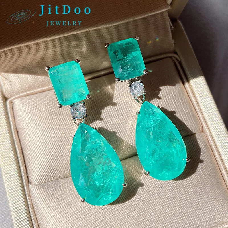 

JitDoo Paraiba Earrings Silver 925 for Women Tourmaline Emerald Big Drop Earrings Luxury Designer Fine Jewelry Christmas Gift