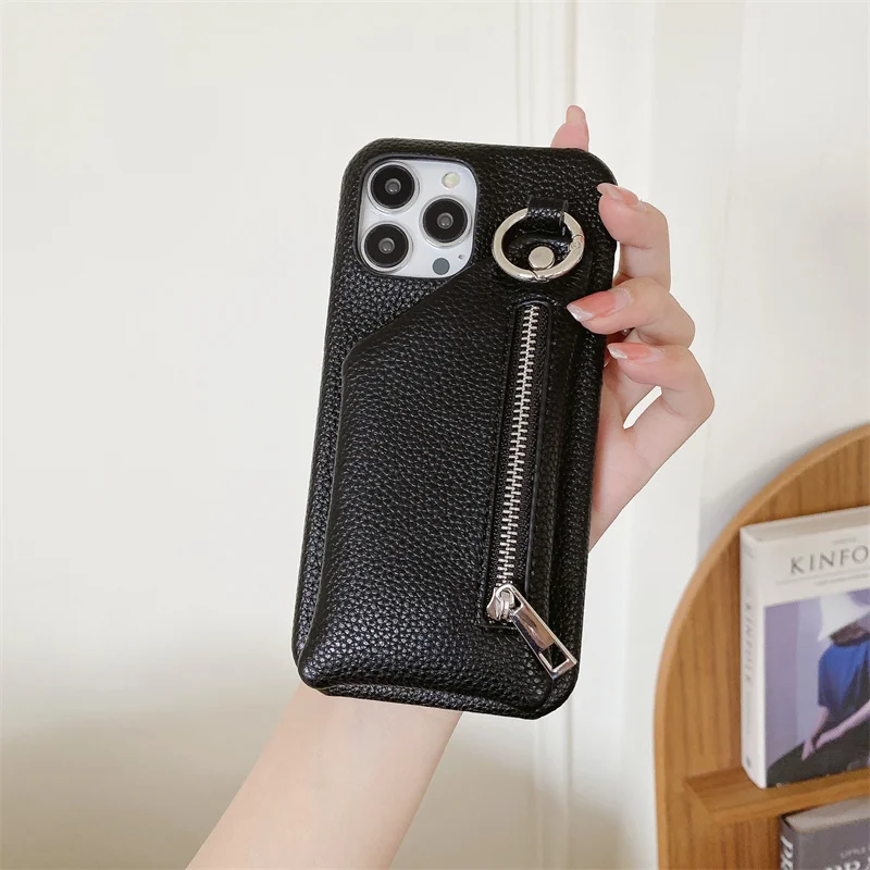 Lychee PU Leather Wallet Cover with Zipper and Stand