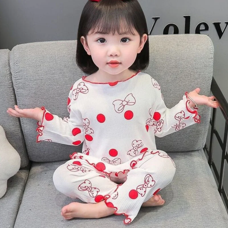 Spring Autumn Children's Bow Print Long Set Girls Comfortable Cute Home Wear Two-Piece Pajamas Sleepwear