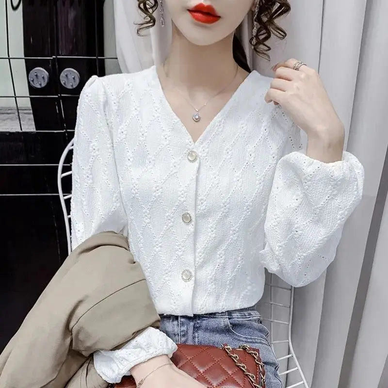 White Blouse Women Summer Autumn V-neck Embroidery Long Sleeve Shirt Cardigan Designer Clothing Tops Kawaii Student Shirts New