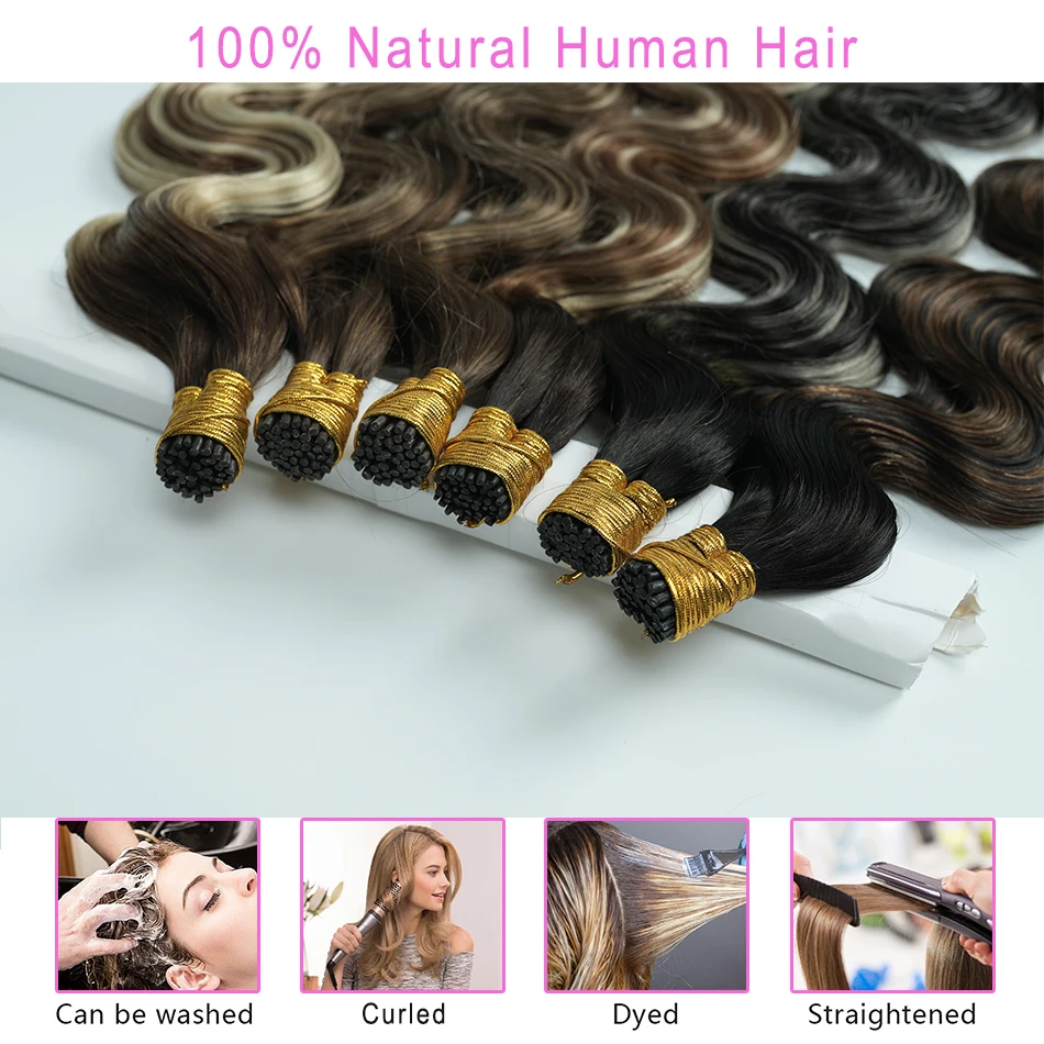 Body Wave Itip Hair Extensions #P4/27 Brown Highlight with Blonde Human Hair Extensions Keratin I Tip Cold Fusion 50/100 Strands