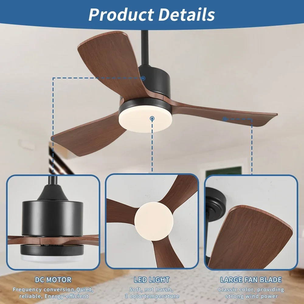 36 Inch Small Ceiling Fan Energy-saving and Silent DC Motor with Remote Control and Light for Terrace Bedroom Living Room