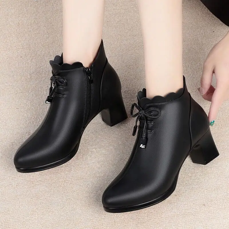 botas negras mujer tacones mujer elegantes botasComemore zapatos de piel  auténtica de tacón medio para mujer, botines cálidos de felpa de piel de  vaca auténtica, Botines de tacón medio, color rojo, invierno,