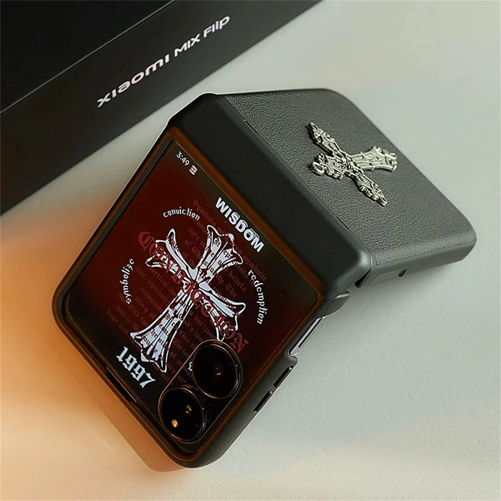 Luxury Trendy Metal Cross Leather Phone Case with Hinge Protection