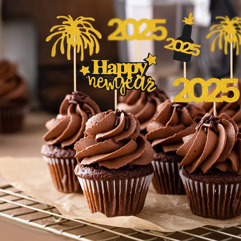 24 Pezzi Decorazioni Per Torta Capodanno - Topper Oro Nero Happy New Year 2025 Con Bastoncini